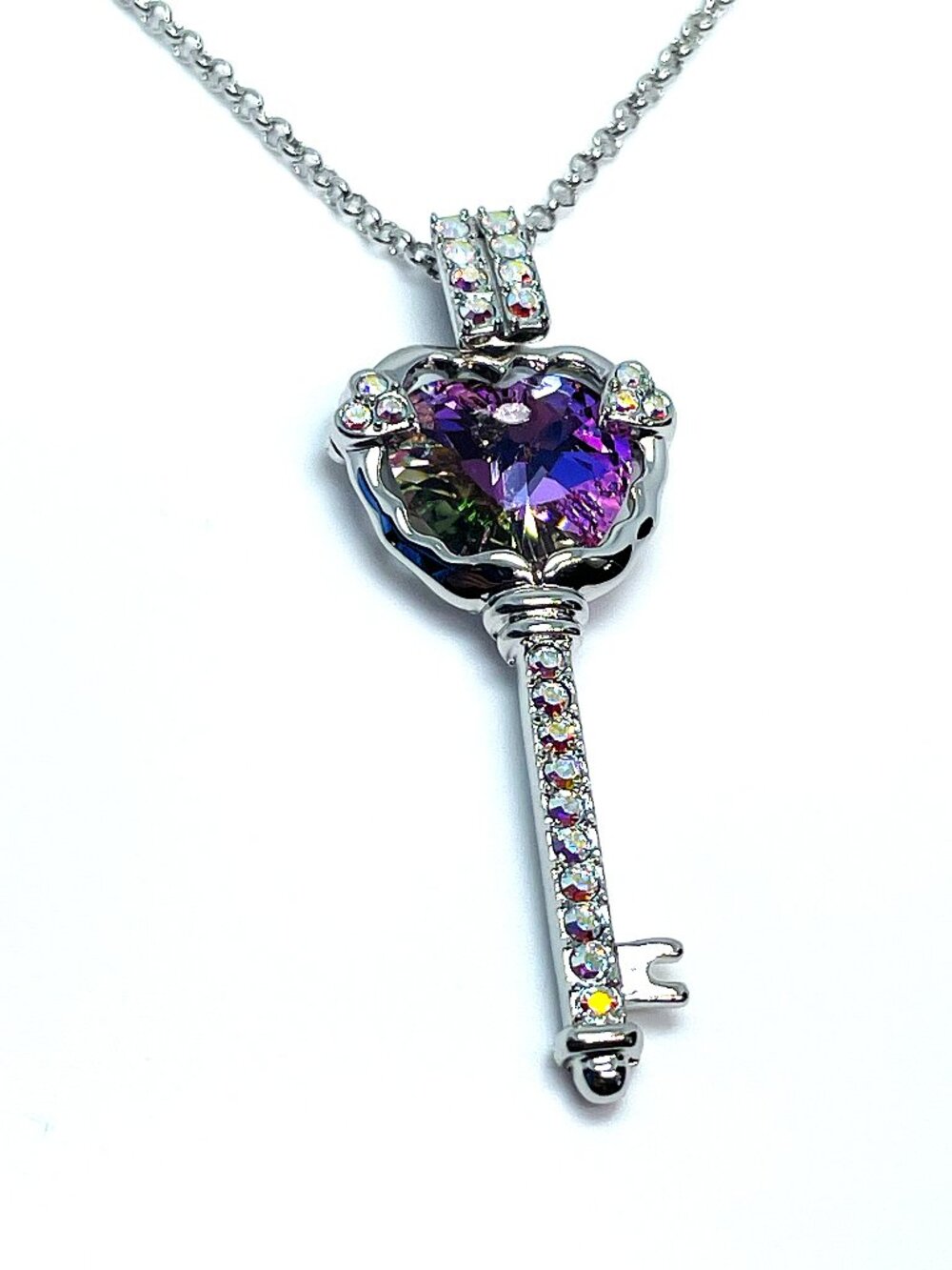 Key to My Heart Pendant Necklace, Purple Amethyst Austrian Crystals, 32.5" - Picture 3 of 7